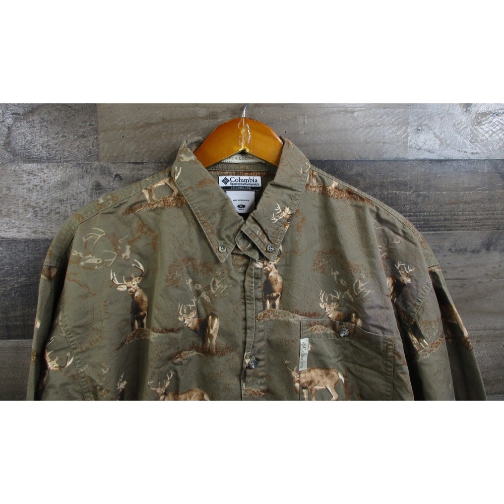 Columbia River Lodge Shirt Mens XL Green Deer Camo Topo Map Hunting Long Sleeve